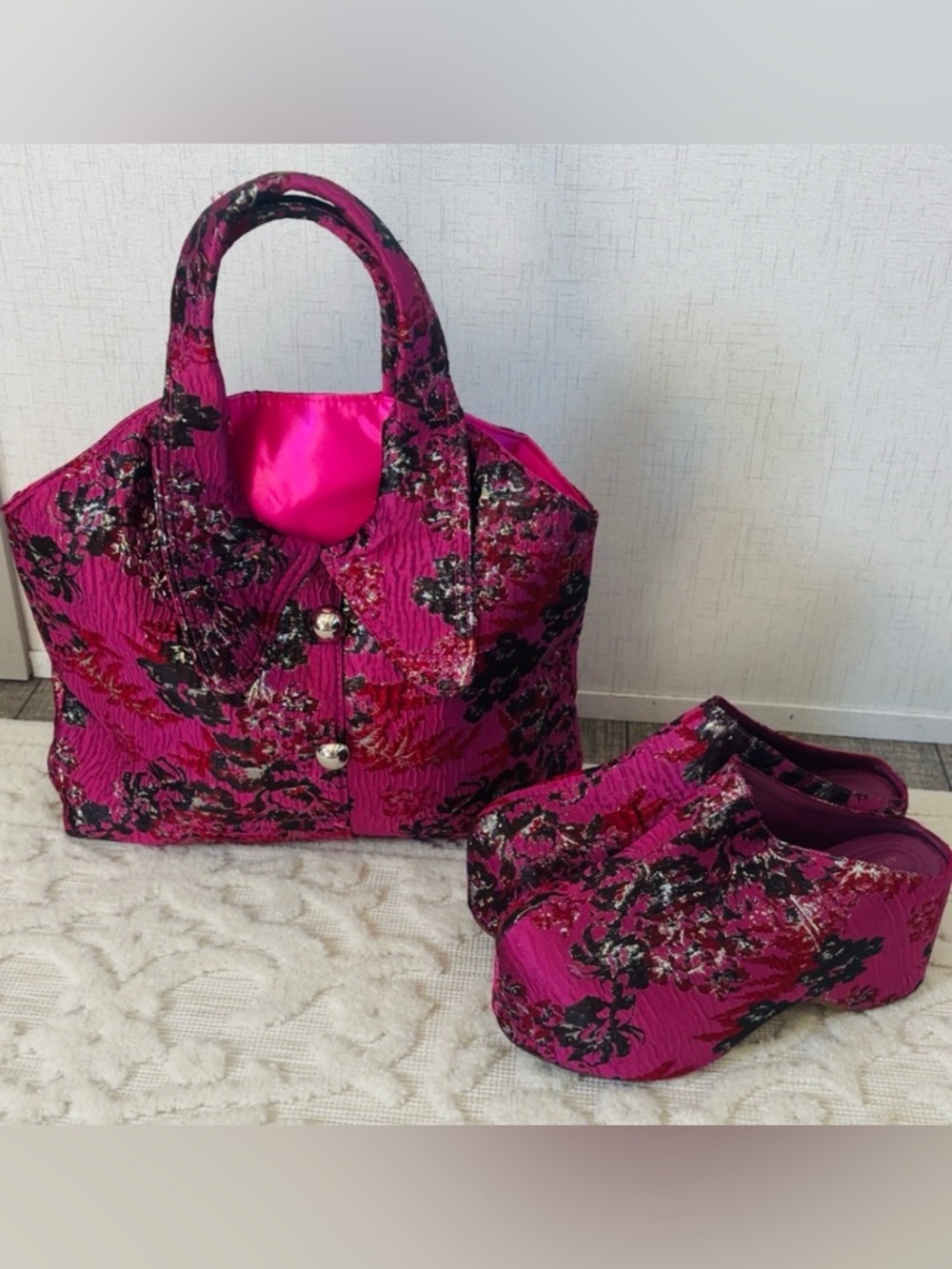 Bright Pink Floral Quilted Tote Bag with Decorative Button Detail
